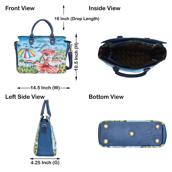 Leather Hand-Painted Women Blue Top Handle Tote Bag, Satchel Handbag, Crossbody - Picture 2 of 9